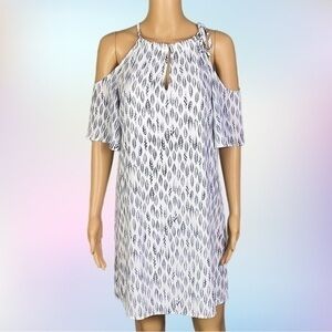VERONICA M. white with blue feathers, cold shoulder shift dress. Size XS. EUC